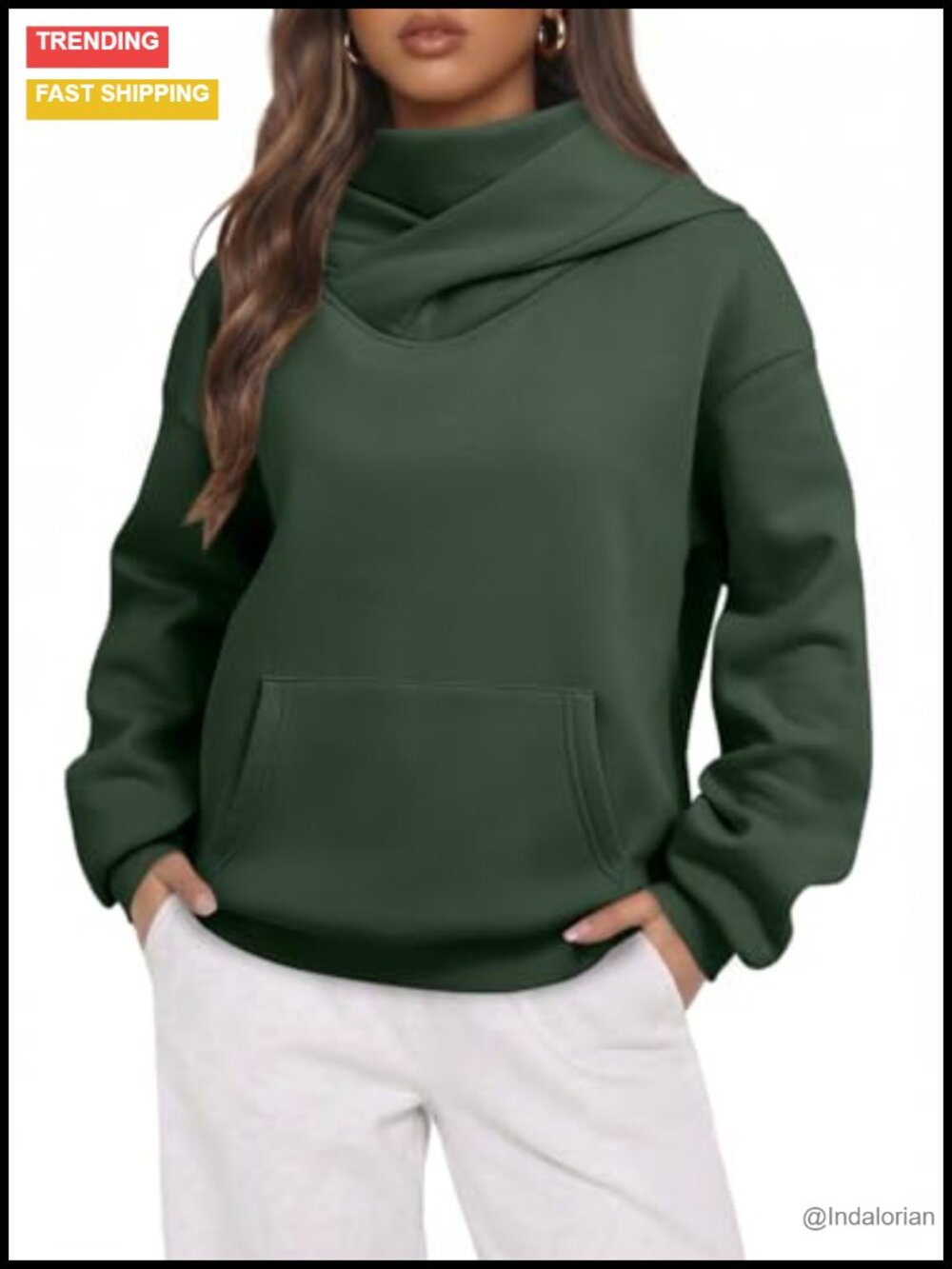 Oversized Mock Neck Hoodie with Face Cover Fleece Lined Pullover